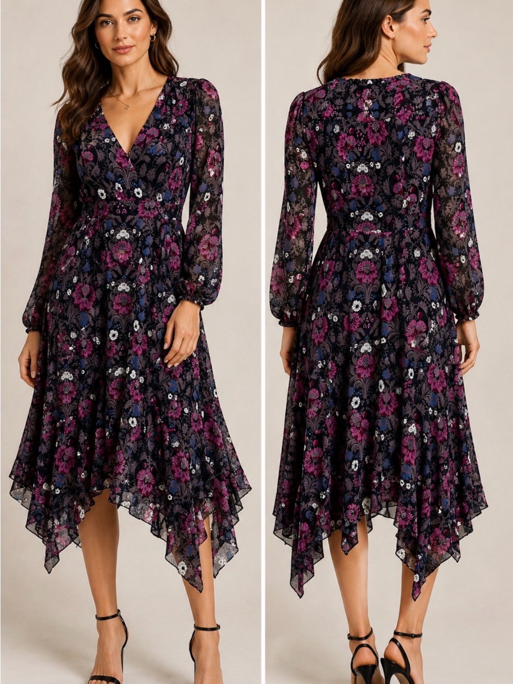 PAIGE Floral Long Sleeve Handkerchief Hem Dress Size 4